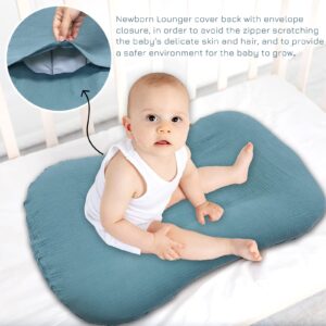 Muslin Baby Lounger Cover, Baby Padded Lounger Cover, Infant Floor Seat Cover, Organic Cotton Removable Slipcover Fits Newborn Lounger for Boys and Girls, Blue and Creamy-White