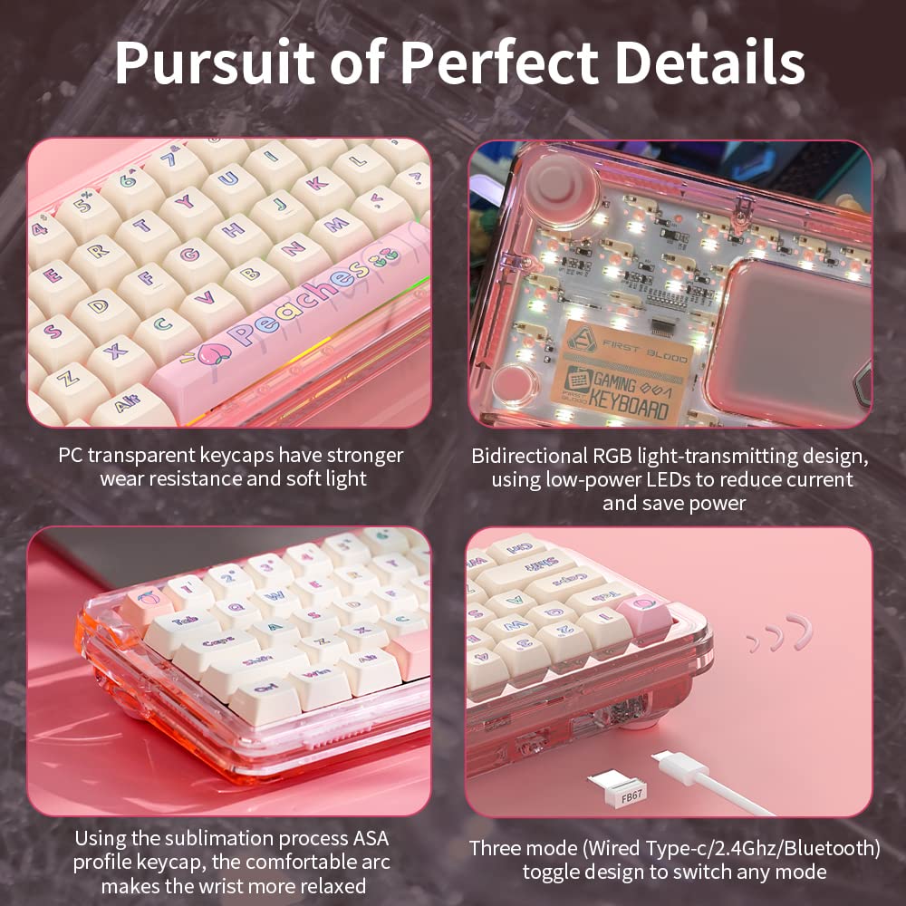 NACODEX 65% Transparent Crystal Acrylic Keyboard with Gasket Mount | MDA Profile Peach Theme PBT Keycaps | Smooth 38g MX Ice Sea Spirit Switch | 3750mAH RGB Hotswap Custom Keyboard