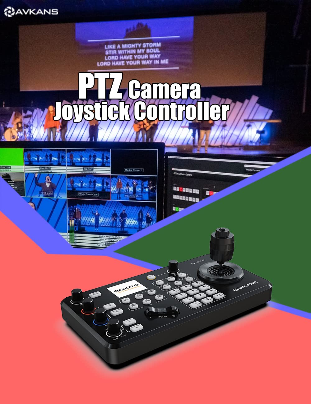 AVKANS Super PTZ Camera Joystick Controller, IP NDI PTZ Camera Controller Keyboard with 4D Joystick for Worship Church Live Streaming, PoE Enable (PTZ Controller with 2 inch Screen)