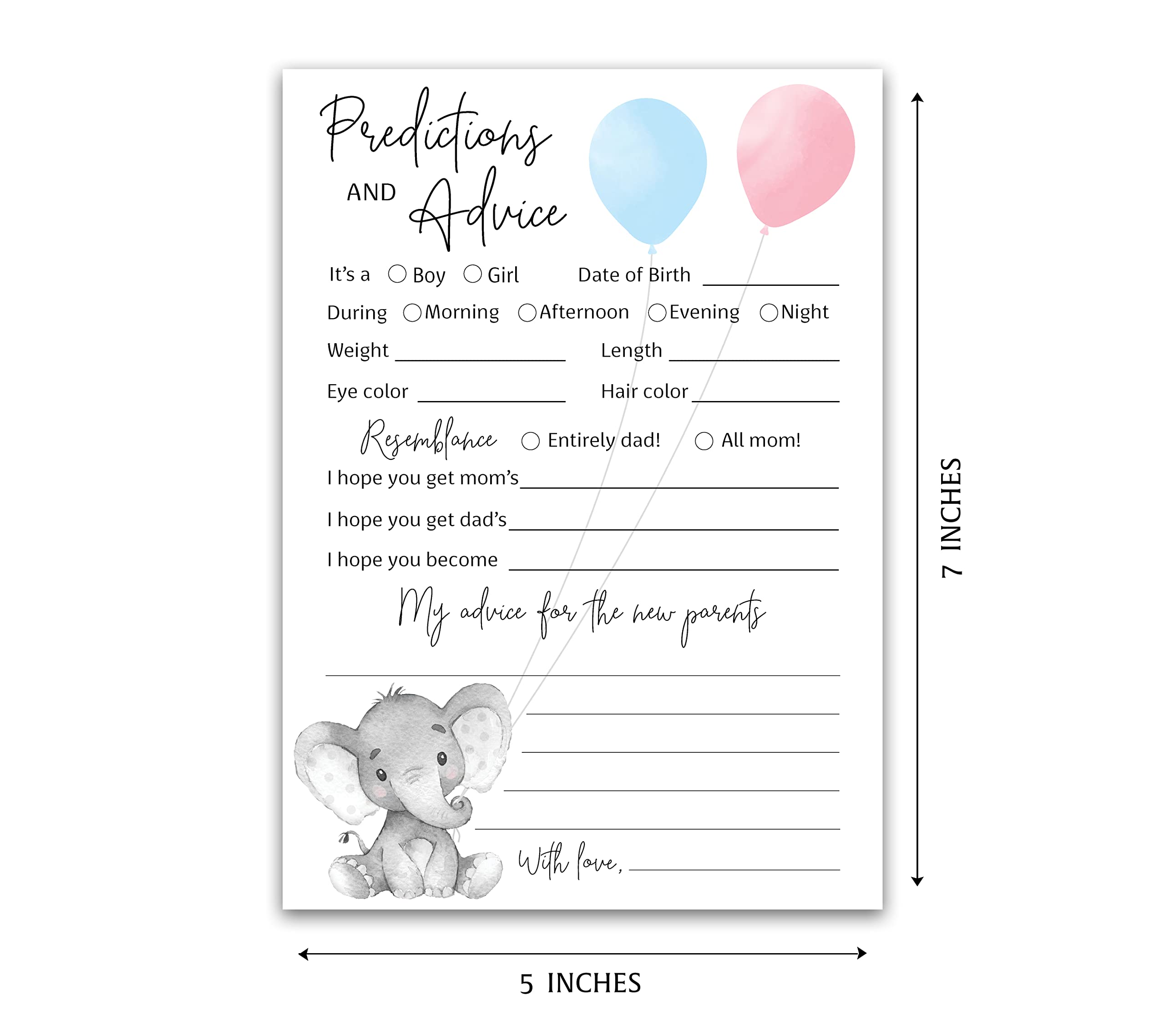 GENDER REVEAL Prediction and Advice Cards - Pack of 25 - Elephant Blue or Pink Baby Shower Games, New Parents, Mom & Dad to be, Mommy & Daddy Message, Coed Shower Activity Keepsake Book G510-PDAV