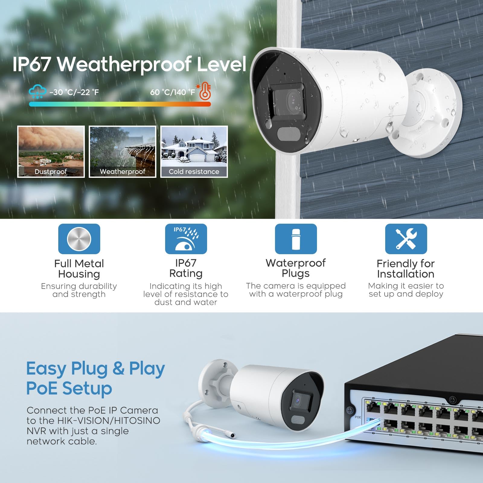 4MP Mini Bullet PoE IP Camera Outdoor, Strobe Light & Audible Warning, 131ft Full Color Night Vision, VCA, Human/Vehicle Detection, F1.0 Aperture, 2-Way Audio, 130dB WDR, 2.8mm Lens, Hik-Connect APP