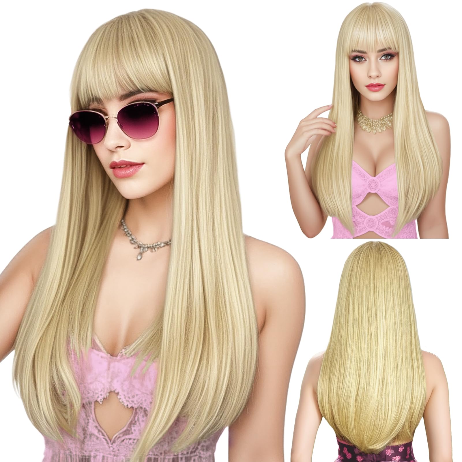 ENTRANCED STYLES Blonde Wig with Bangs, Long Straight Wigs for Women Natural Hair Wigs Synthetic Blonde Wigs for Girls Daily Party Halloween Cosplay Wig 22 Inch