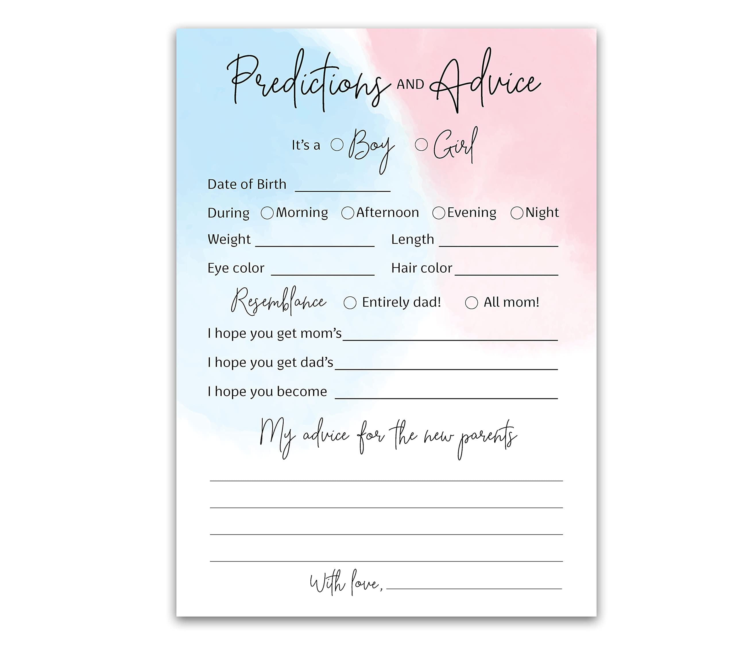 GENDER REVEAL Prediction and Advice Cards - Pack of 25 - Minimalist Blue or Pink Baby Shower Games, New Parents, Mom & Dad to be, Mommy & Daddy Message, Coed Shower Activity Keepsake Book G752-PDAV