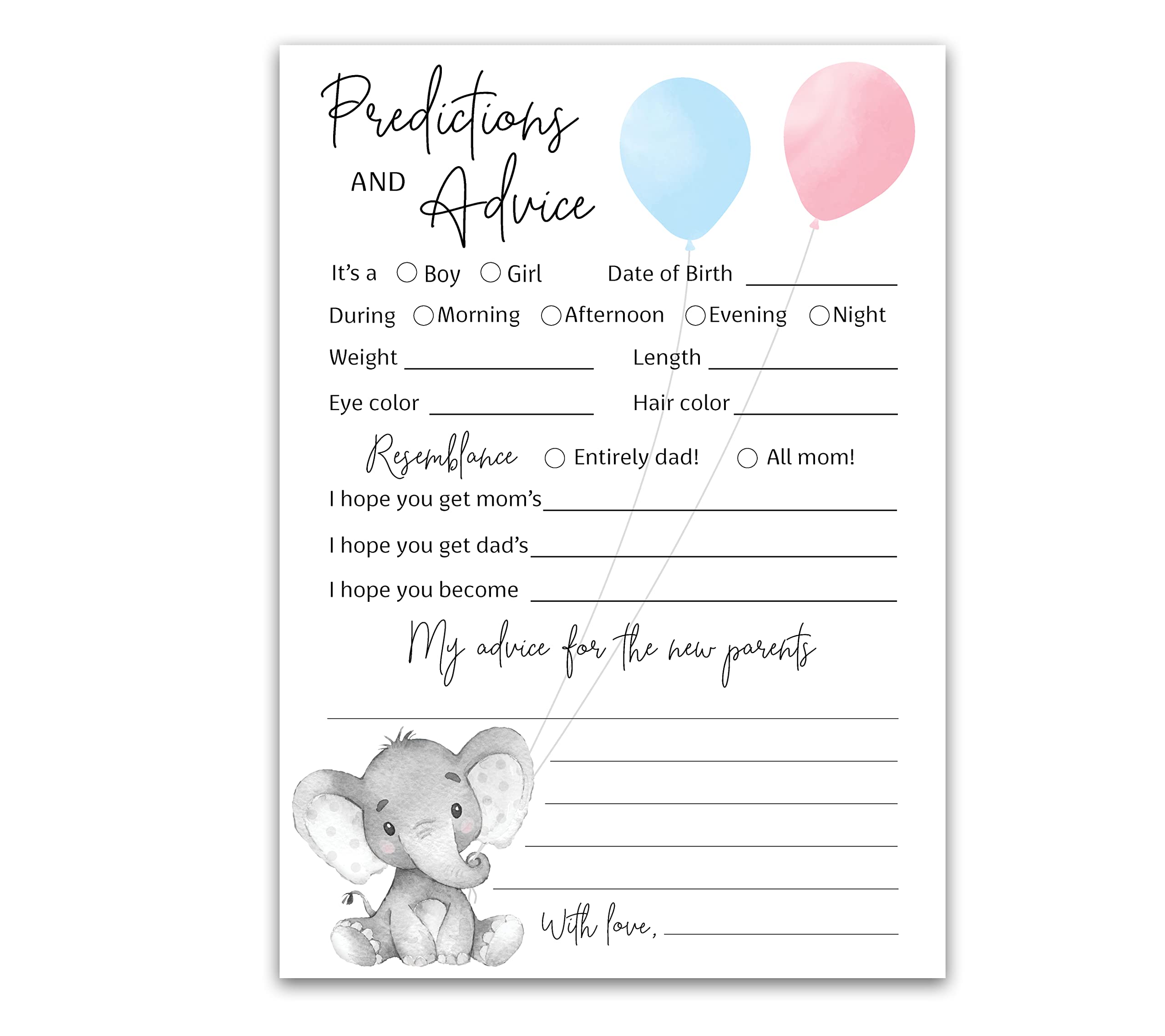 GENDER REVEAL Prediction and Advice Cards - Pack of 25 - Elephant Blue or Pink Baby Shower Games, New Parents, Mom & Dad to be, Mommy & Daddy Message, Coed Shower Activity Keepsake Book G510-PDAV