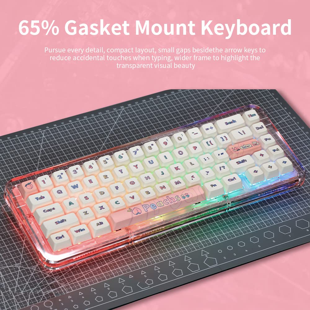 NACODEX 65% Transparent Crystal Acrylic Keyboard with Gasket Mount | MDA Profile Peach Theme PBT Keycaps | Smooth 38g MX Ice Sea Spirit Switch | 3750mAH RGB Hotswap Custom Keyboard