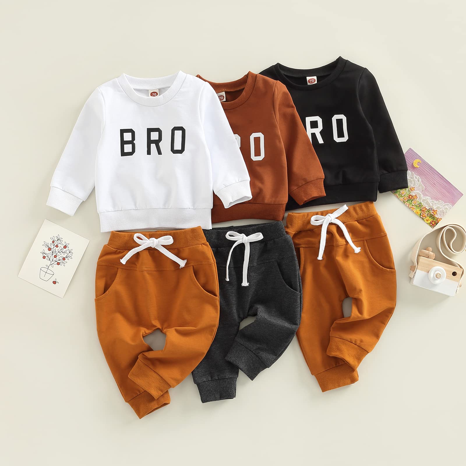 Sprifallbaby Toddler Newborn Baby Boy Outfit Bro Long Sleeve Sweatshirts Pants Clothes Set Infant Boys Fall Winter 2PCS (White,6-12 Months)