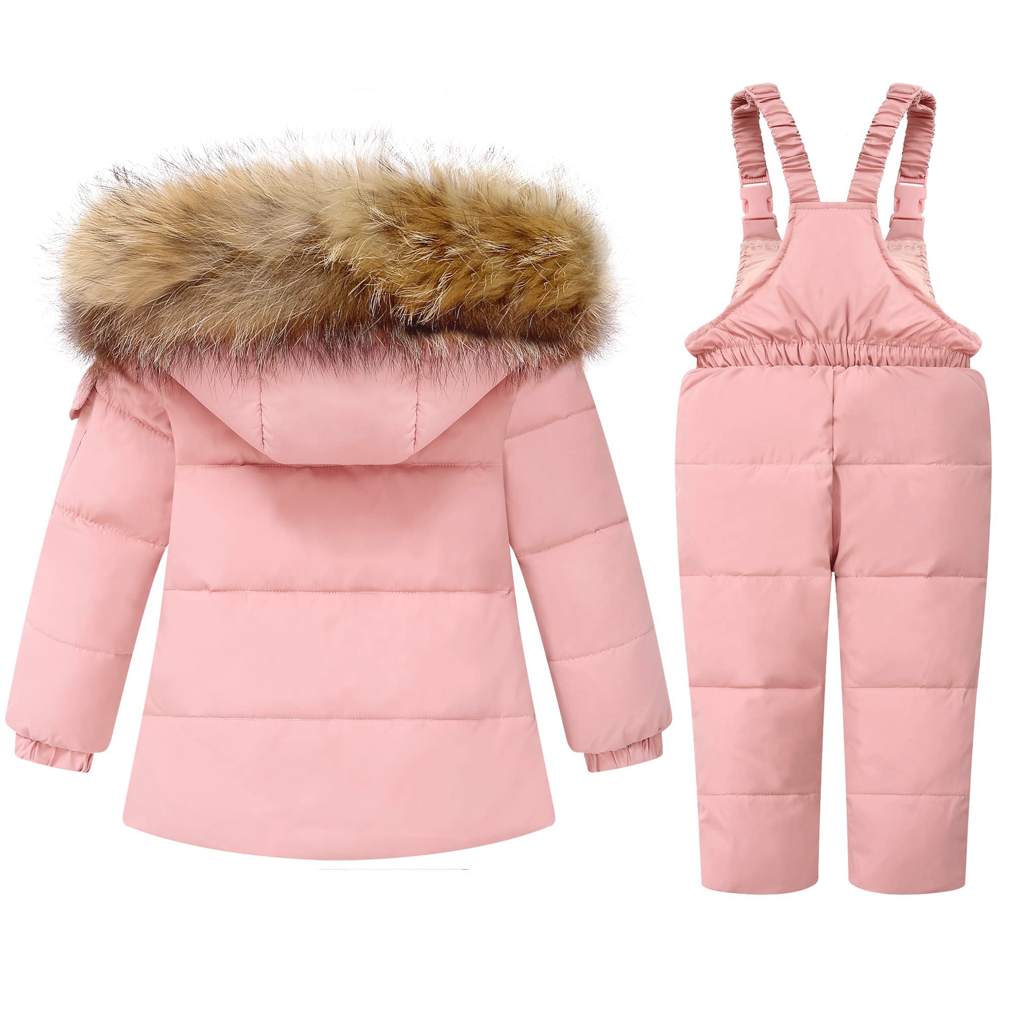 DISAUR Baby Girl Snowsuit Down Jacket Toddler Girls' Windproof Snow Wear,Kids Coat Hooded With Warm Snowbib Pants Skiing Set (Pink,3-4T)