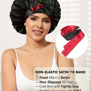 Satin Bonnet Silk Hair Bonnets for Women Curly Hair Wrap for Sleeping Cap Reversible Bonnet with Tie Band Night Cap Double Layer Sleep Cap for Curly Hair (Double-Layer Satin Bonnet (Black + Red)