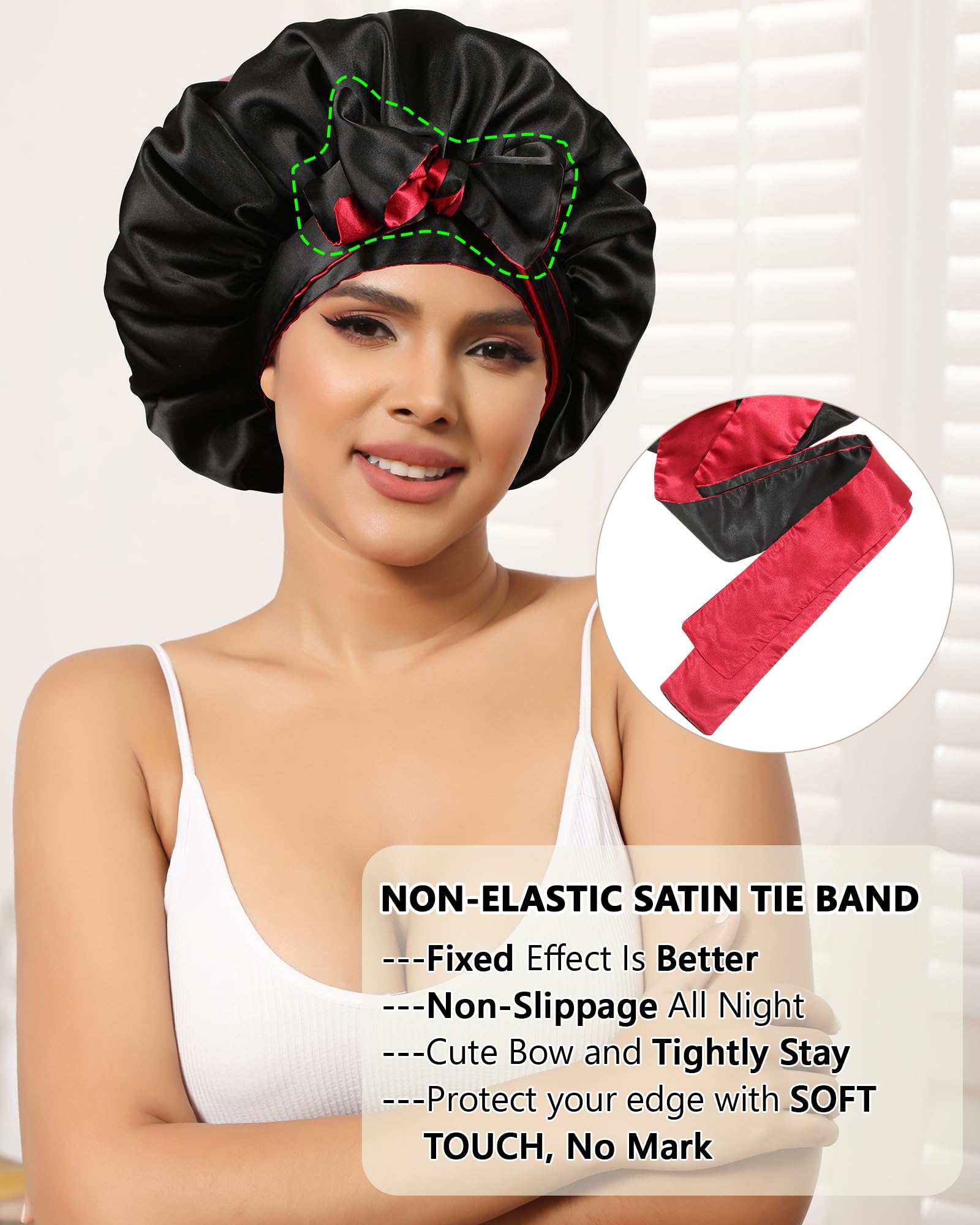 Satin Bonnet Silk Hair Bonnets for Women Curly Hair Wrap for Sleeping Cap Reversible Bonnet with Tie Band Night Cap Double Layer Sleep Cap for Curly Hair (Double-Layer Satin Bonnet (Black + Red)