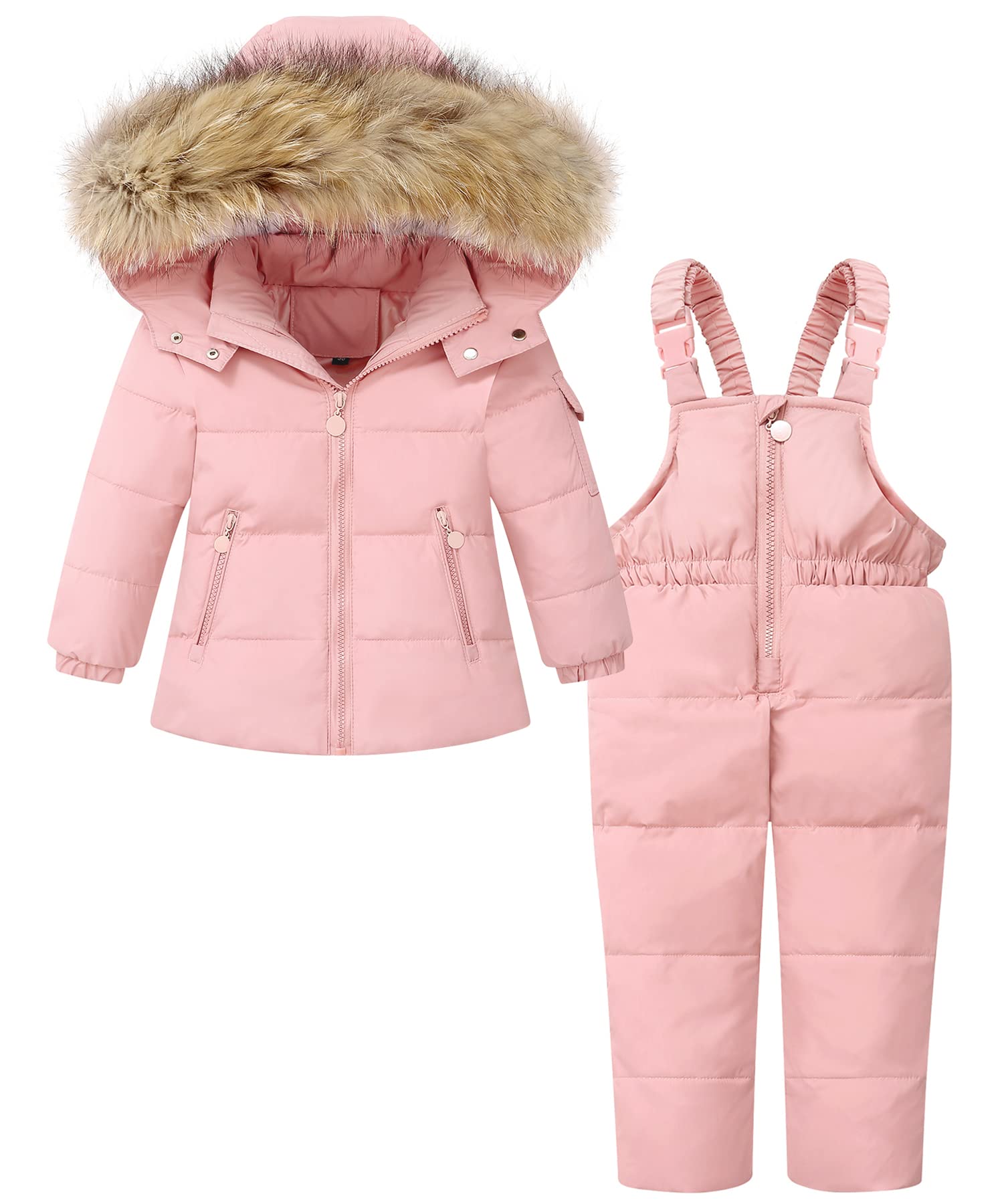 DISAUR Baby Girl Snowsuit Down Jacket Toddler Girls' Windproof Snow Wear,Kids Coat Hooded With Warm Snowbib Pants Skiing Set (Pink,3-4T)