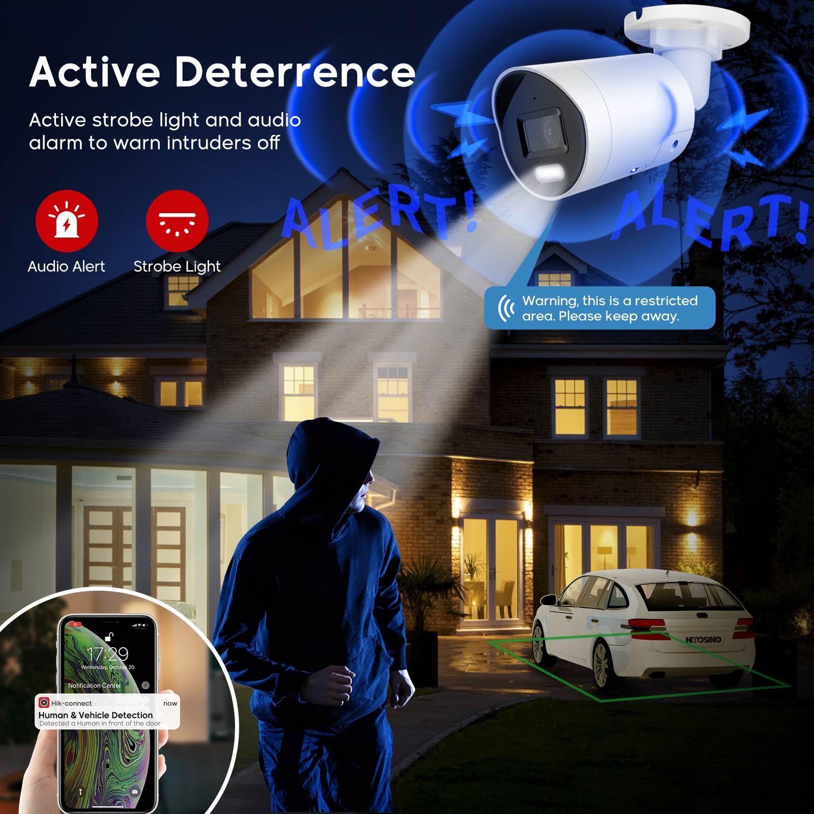 4MP Mini Bullet PoE IP Camera Outdoor, Strobe Light & Audible Warning, 131ft Full Color Night Vision, VCA, Human/Vehicle Detection, F1.0 Aperture, 2-Way Audio, 130dB WDR, 2.8mm Lens, Hik-Connect APP