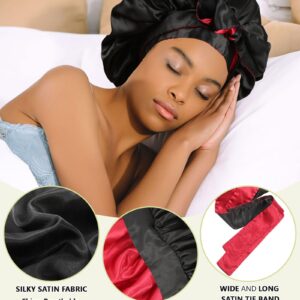 Satin Bonnet Silk Hair Bonnets for Women Curly Hair Wrap for Sleeping Cap Reversible Bonnet with Tie Band Night Cap Double Layer Sleep Cap for Curly Hair (Double-Layer Satin Bonnet (Black + Red)