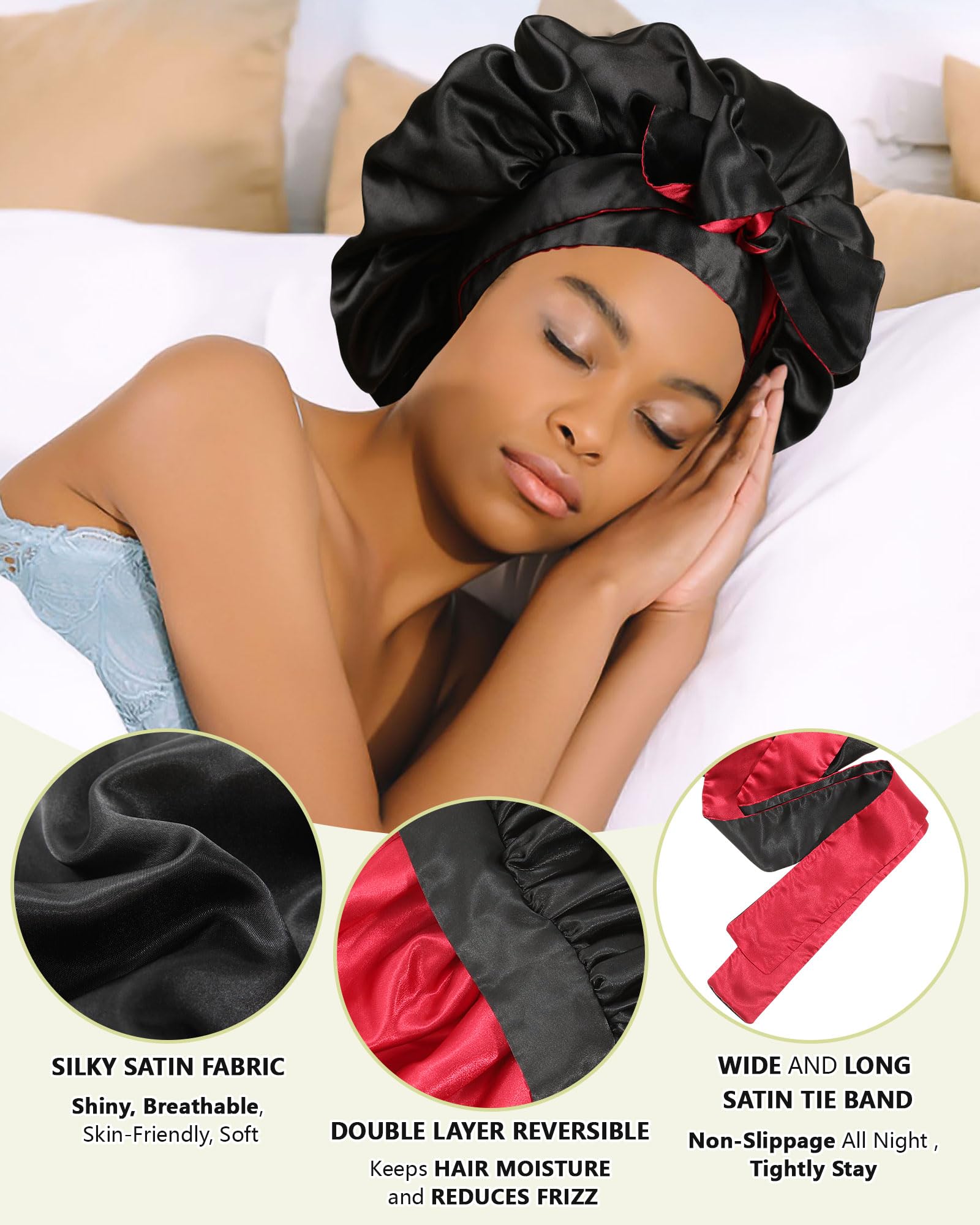 Satin Bonnet Silk Hair Bonnets for Women Curly Hair Wrap for Sleeping Cap Reversible Bonnet with Tie Band Night Cap Double Layer Sleep Cap for Curly Hair (Double-Layer Satin Bonnet (Black + Red)