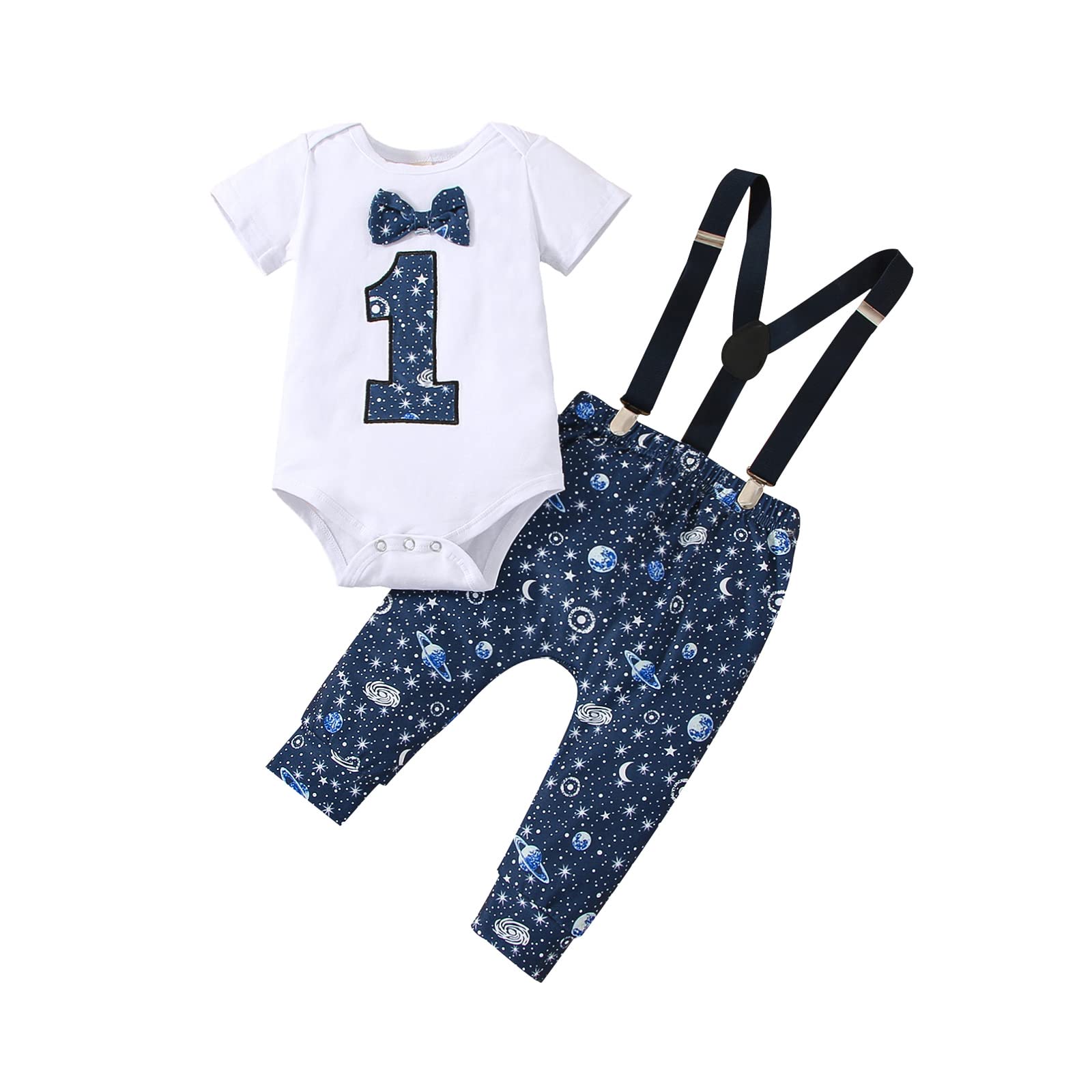 vivifayee Baby Boy One 1st Birthday Outfits Space First Birthday Boy Clothes Set Short Sleeve Bow Tie Romper Long Pants Set Suspenders