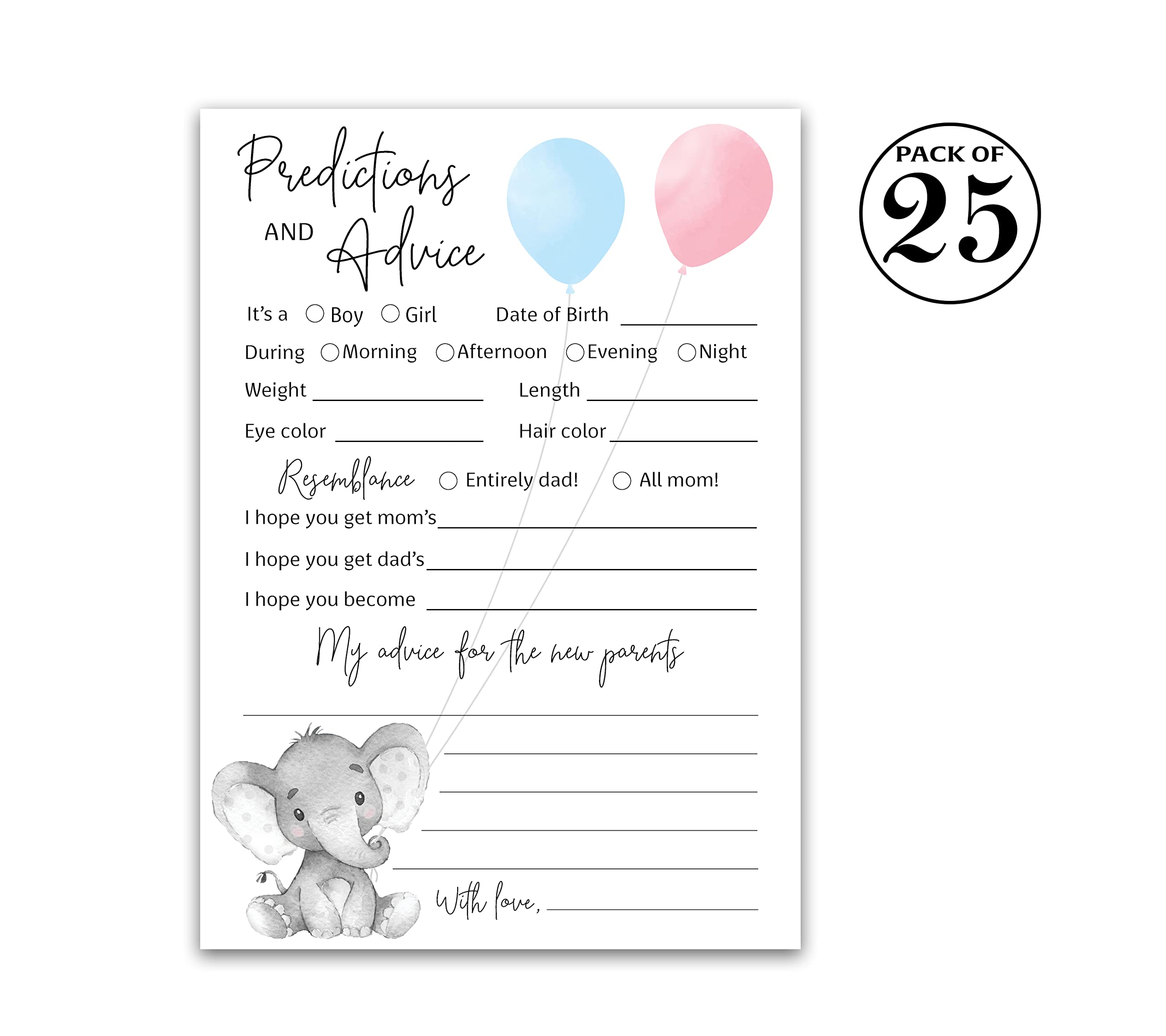 GENDER REVEAL Prediction and Advice Cards - Pack of 25 - Elephant Blue or Pink Baby Shower Games, New Parents, Mom & Dad to be, Mommy & Daddy Message, Coed Shower Activity Keepsake Book G510-PDAV