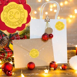 500 Pieces Christmas Wax Seal Stickers Vintage Santa Claus Embossed Gold Wax Seal Sticker Holiday Envelope Seal Label North Pole Official Seal Sticker Self Adhesive Foil for Invitation Card Box