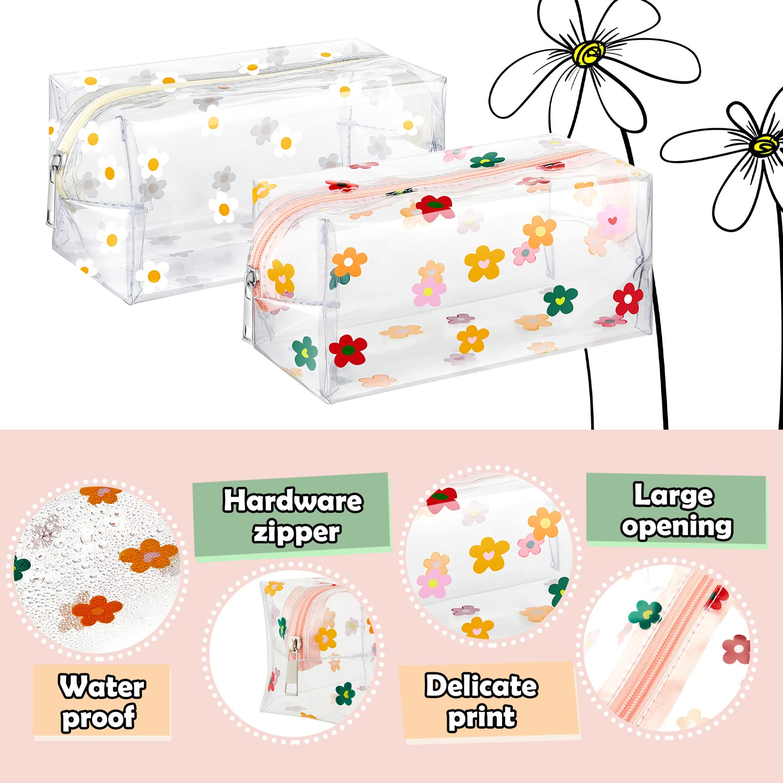 Amylove 2 Pack Cute Flower Makeup Bags Floral Cosmetic Bag Daisy Zippered Pouches Portable Toiletry Bags for Women Travel Vacation Bathroom Organizing (Daisy)