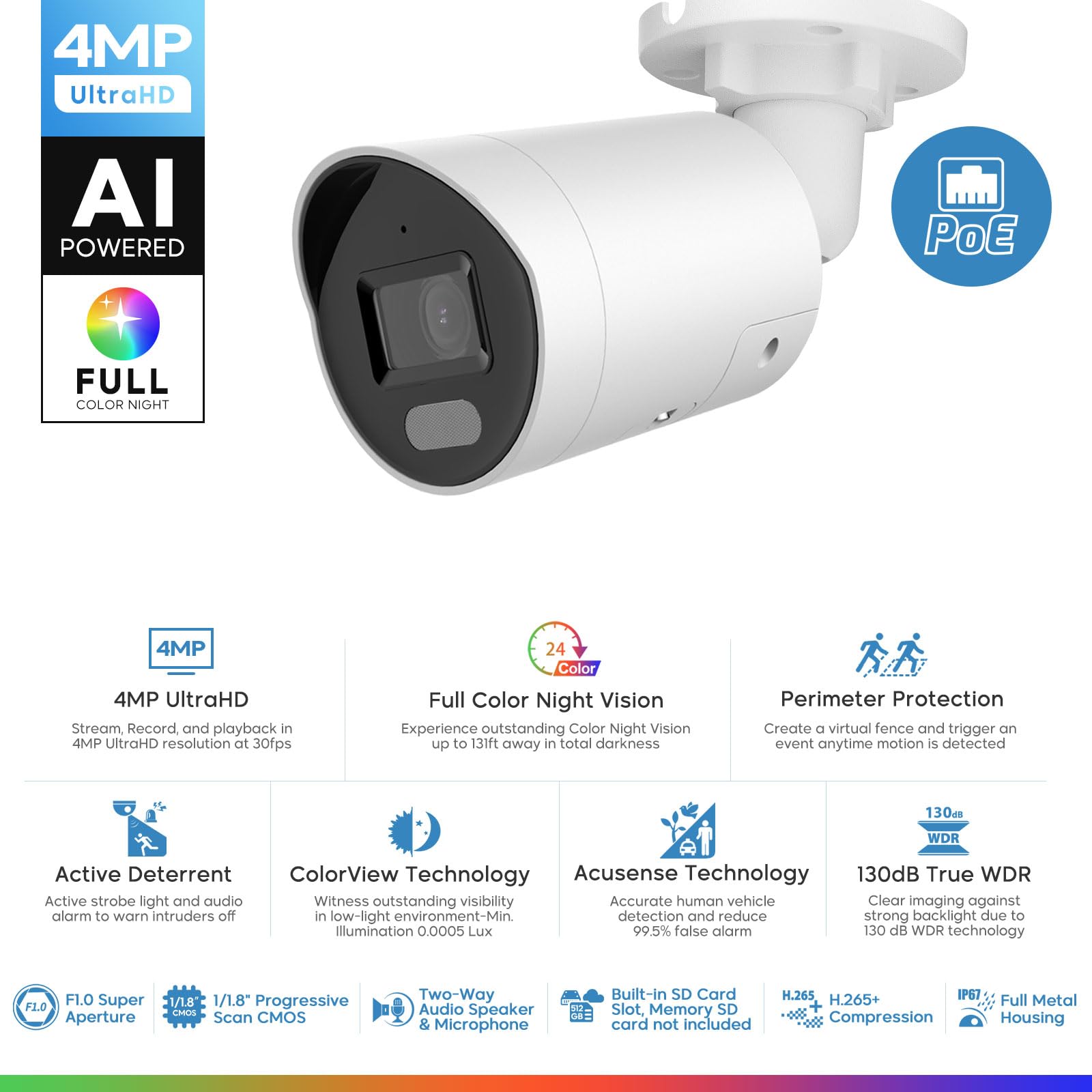 4MP Mini Bullet PoE IP Camera Outdoor, Strobe Light & Audible Warning, 131ft Full Color Night Vision, VCA, Human/Vehicle Detection, F1.0 Aperture, 2-Way Audio, 130dB WDR, 2.8mm Lens, Hik-Connect APP