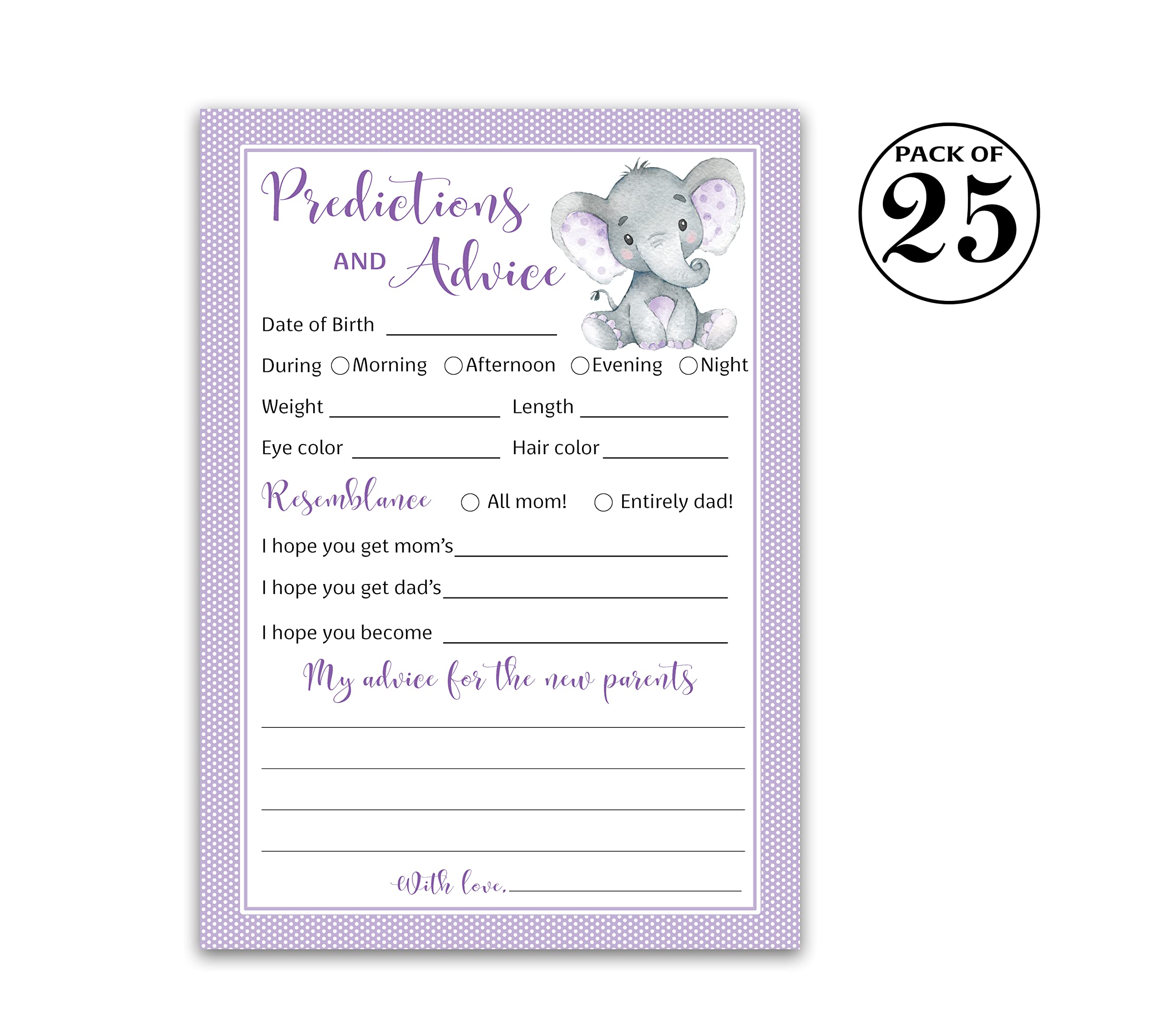 PURPLE ELEPHANT Prediction and Advice Cards - Pack of 25 - Girl Boy Baby Shower Games, New Parents, Mom & Dad to be, Mommy & Daddy Message, Couples Coed Shower Activity Keepsake Book G503-PDAV