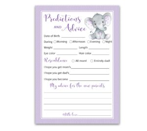 purple elephant prediction and advice cards - pack of 25 - girl boy baby shower games, new parents, mom & dad to be, mommy & daddy message, couples coed shower activity keepsake book g503-pdav