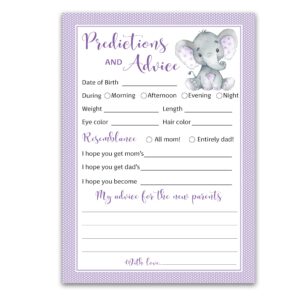 PURPLE ELEPHANT Prediction and Advice Cards - Pack of 25 - Girl Boy Baby Shower Games, New Parents, Mom & Dad to be, Mommy & Daddy Message, Couples Coed Shower Activity Keepsake Book G503-PDAV