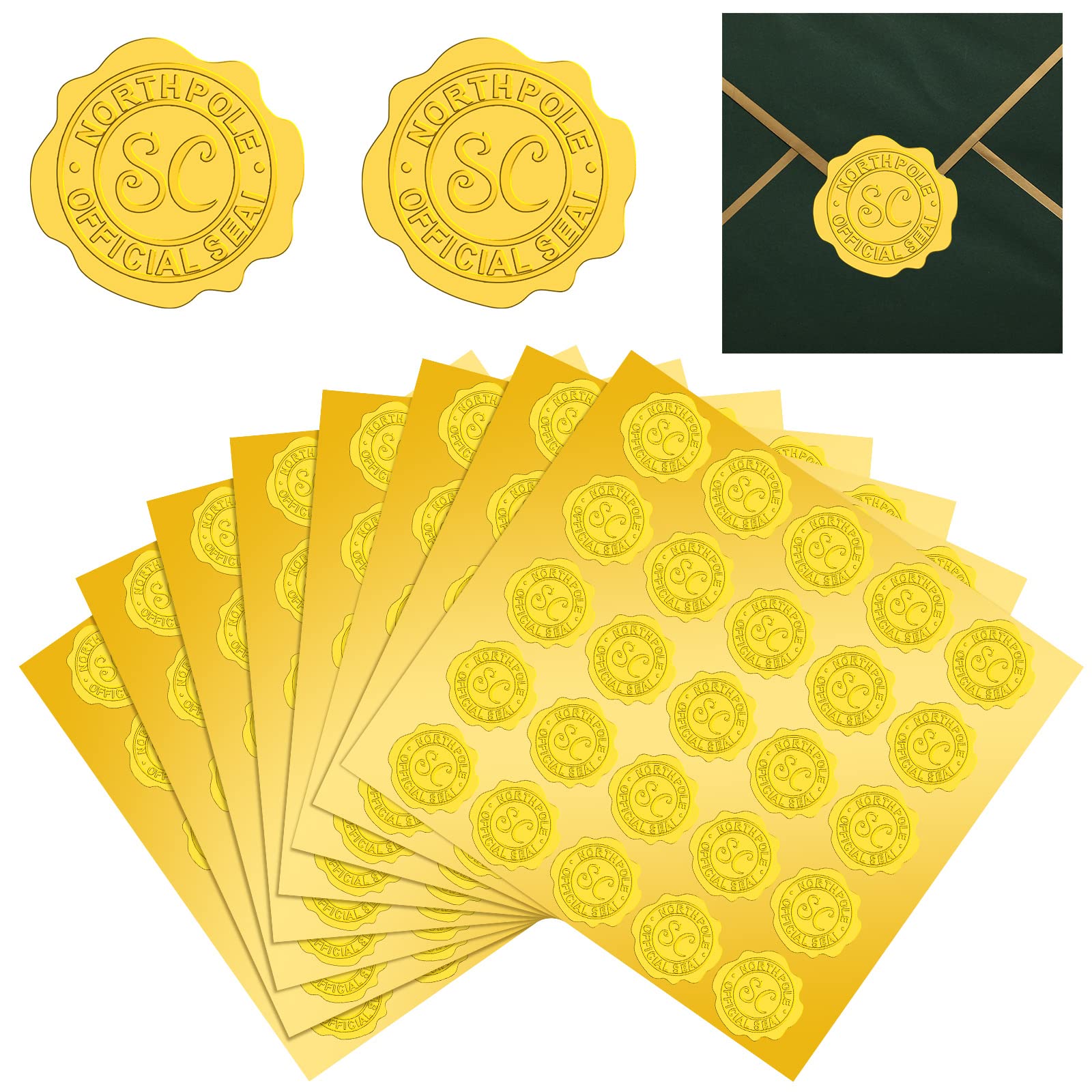 500 Pieces Christmas Wax Seal Stickers Vintage Santa Claus Embossed Gold Wax Seal Sticker Holiday Envelope Seal Label North Pole Official Seal Sticker Self Adhesive Foil for Invitation Card Box