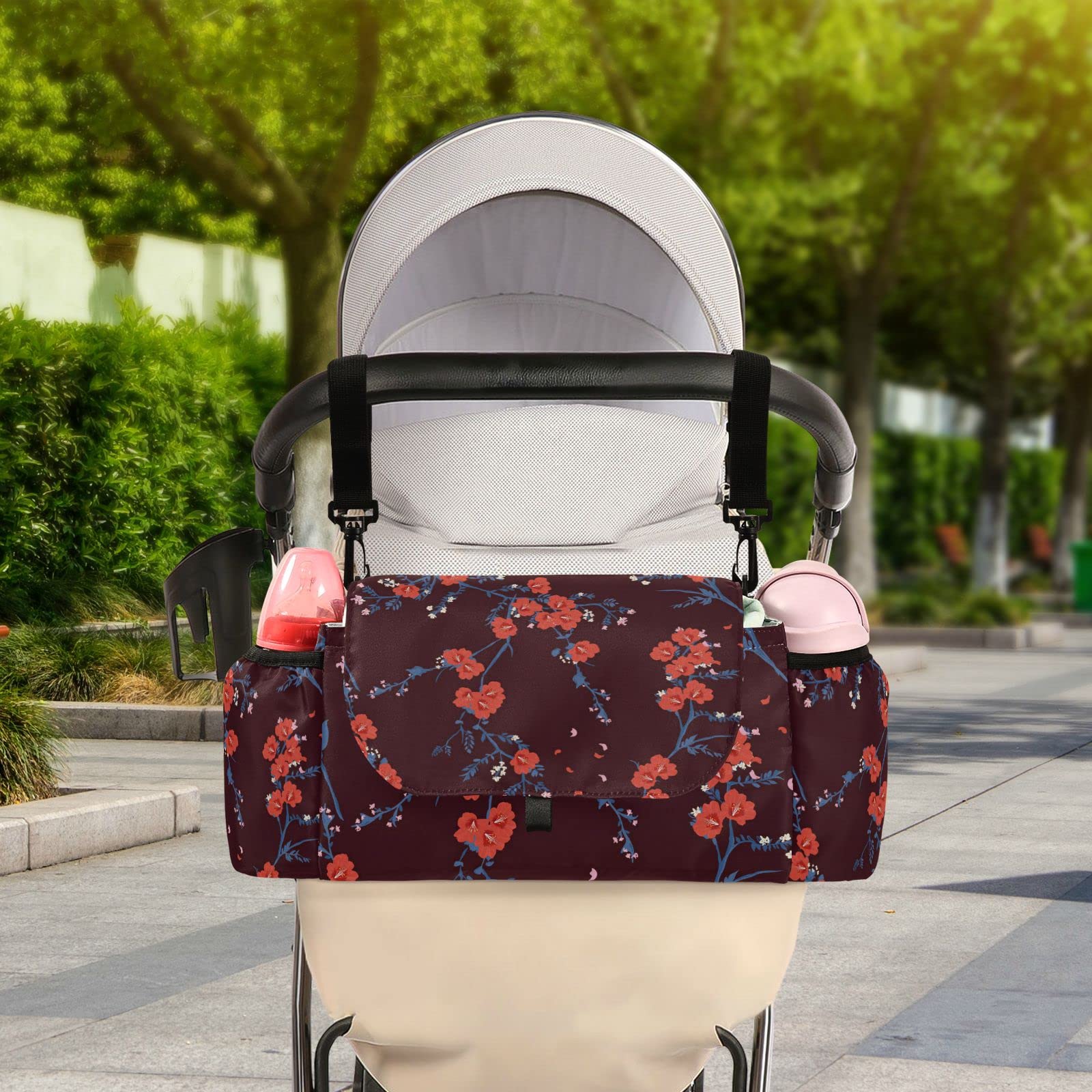 Emelivor Blooming Flower Red Baby Stroller Organizer with Cup Holders Stroller Accessories with Adjustable Shoulder Strap for Phone, Keys, Toys Fit All Strollers