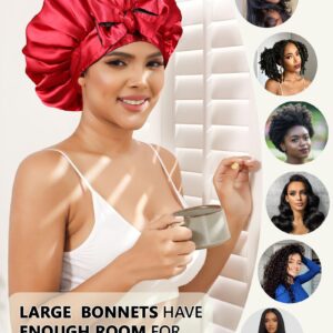 Satin Bonnet Silk Hair Bonnets for Women Curly Hair Wrap for Sleeping Cap Reversible Bonnet with Tie Band Night Cap Double Layer Sleep Cap for Curly Hair (Double-Layer Satin Bonnet (Black + Red)