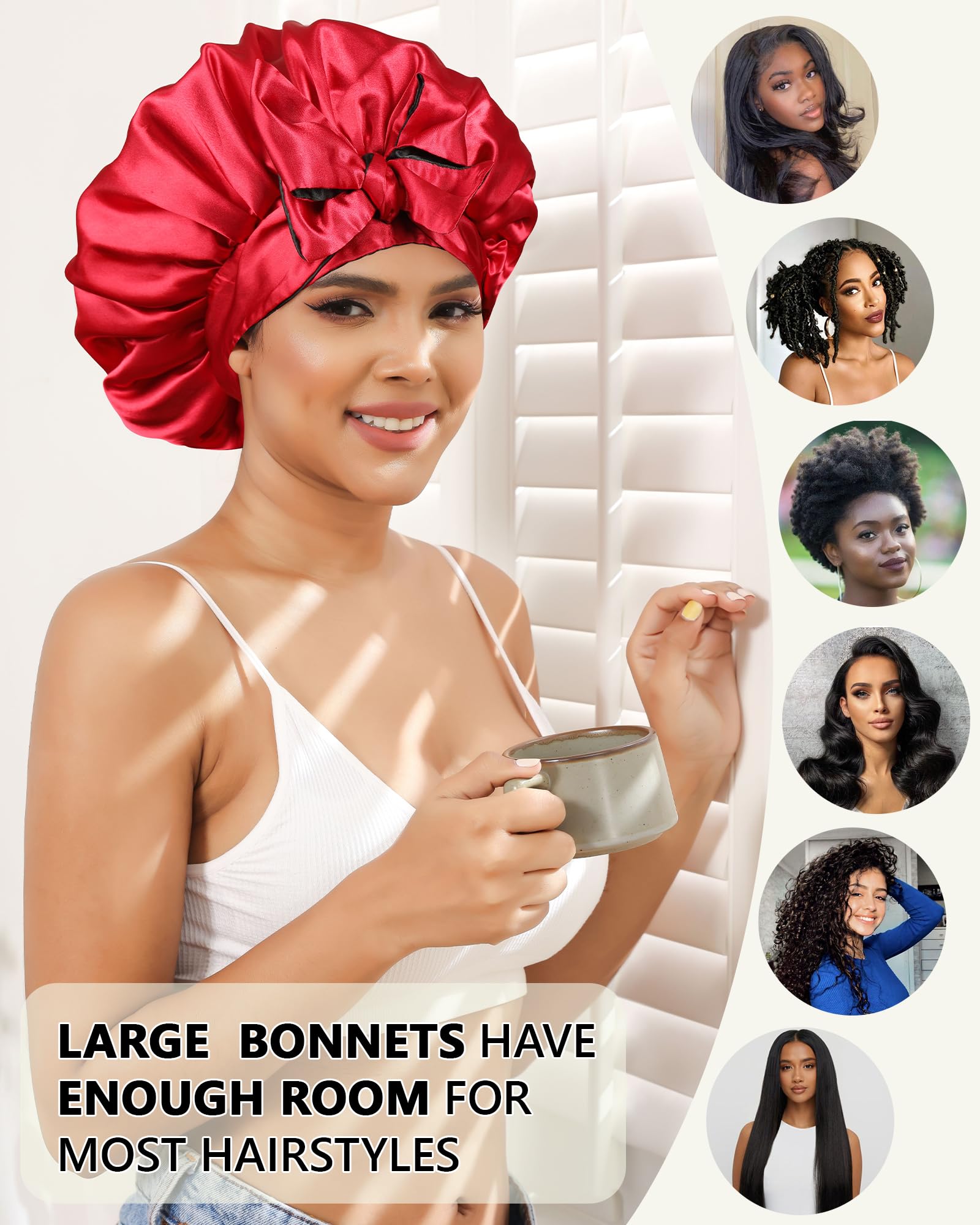 Satin Bonnet Silk Hair Bonnets for Women Curly Hair Wrap for Sleeping Cap Reversible Bonnet with Tie Band Night Cap Double Layer Sleep Cap for Curly Hair (Double-Layer Satin Bonnet (Black + Red)