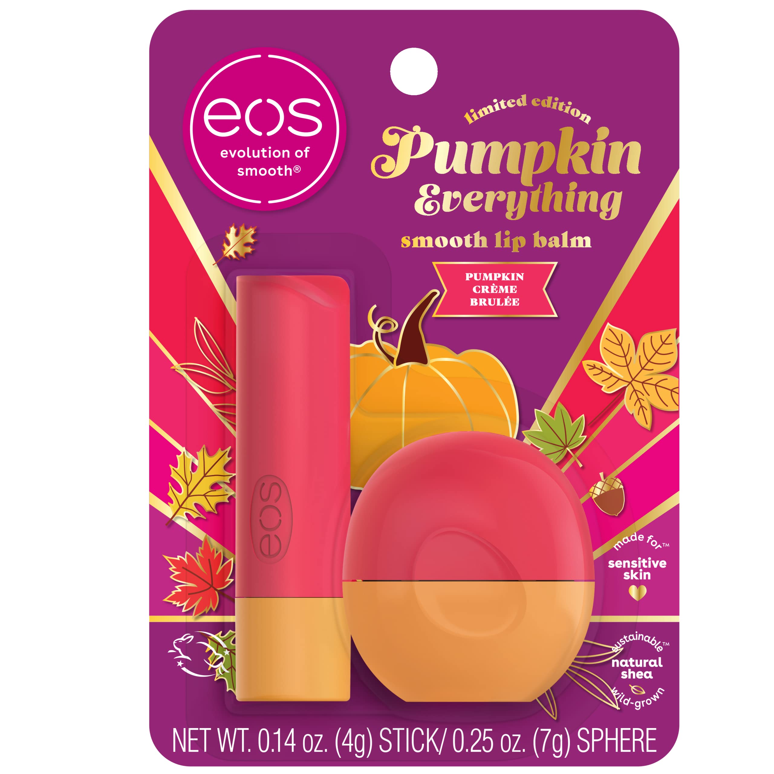 eos Limited Edition Pumpkin Everything Lip Balm- Pumpkin Crème Brûlée, All-Day Moisture, Made for Sensitive Skin, Lip Care Products, 0.39 oz, 2 Piece set