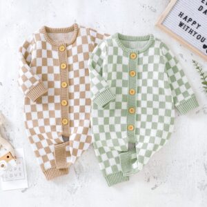 SAYOO Unisex Baby Girl Boy Knitted Romper Jumpsuit Checkerboard Plaid One Piece Button Down Sweater Playsuit Clothes (Camel, 0-3 Months)