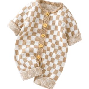 SAYOO Unisex Baby Girl Boy Knitted Romper Jumpsuit Checkerboard Plaid One Piece Button Down Sweater Playsuit Clothes (Camel, 0-3 Months)