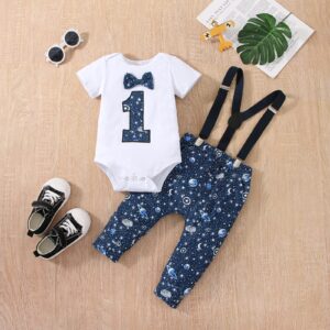 vivifayee Baby Boy One 1st Birthday Outfits Space First Birthday Boy Clothes Set Short Sleeve Bow Tie Romper Long Pants Set Suspenders