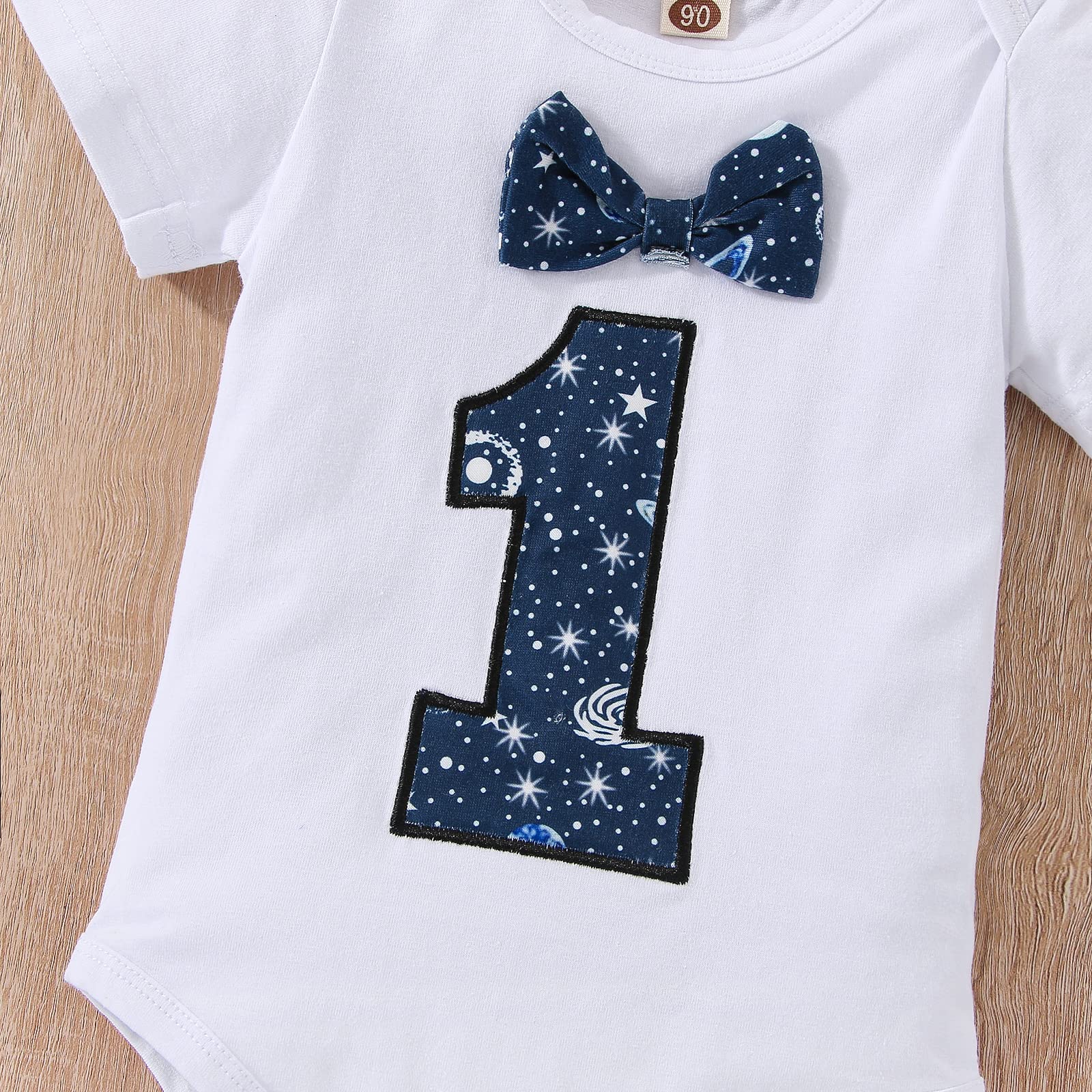 vivifayee Baby Boy One 1st Birthday Outfits Space First Birthday Boy Clothes Set Short Sleeve Bow Tie Romper Long Pants Set Suspenders