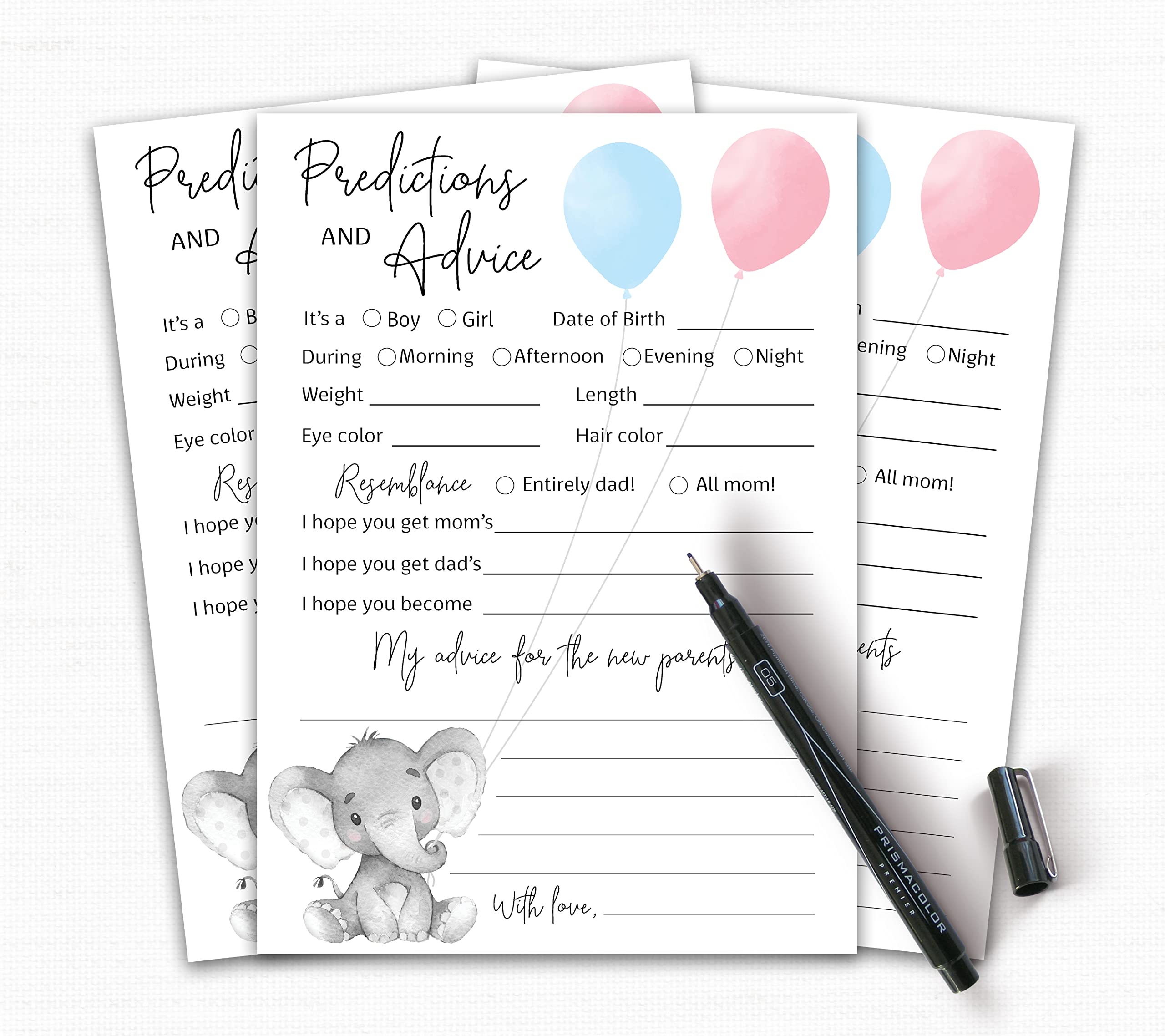 GENDER REVEAL Prediction and Advice Cards - Pack of 25 - Elephant Blue or Pink Baby Shower Games, New Parents, Mom & Dad to be, Mommy & Daddy Message, Coed Shower Activity Keepsake Book G510-PDAV