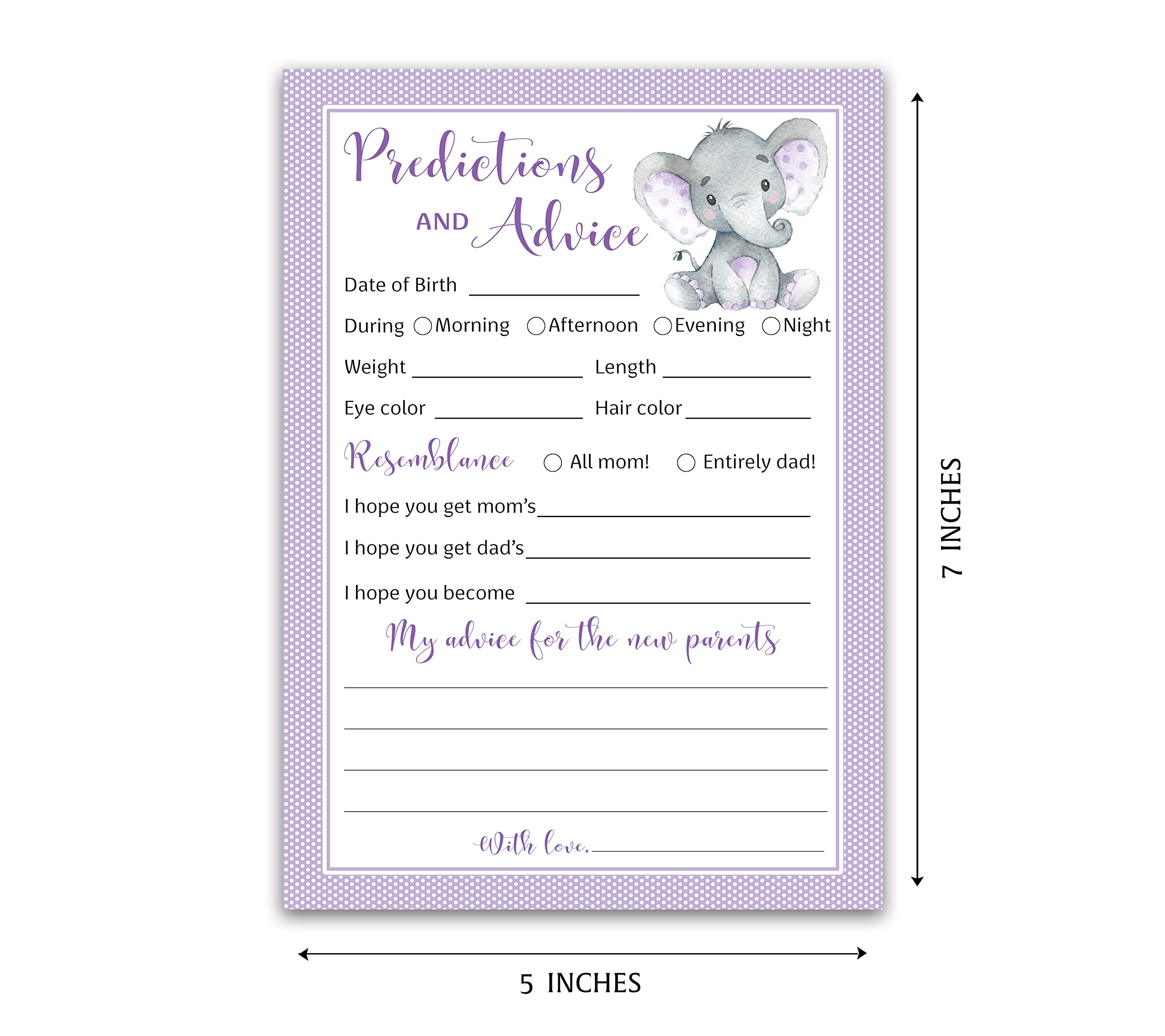 PURPLE ELEPHANT Prediction and Advice Cards - Pack of 25 - Girl Boy Baby Shower Games, New Parents, Mom & Dad to be, Mommy & Daddy Message, Couples Coed Shower Activity Keepsake Book G503-PDAV