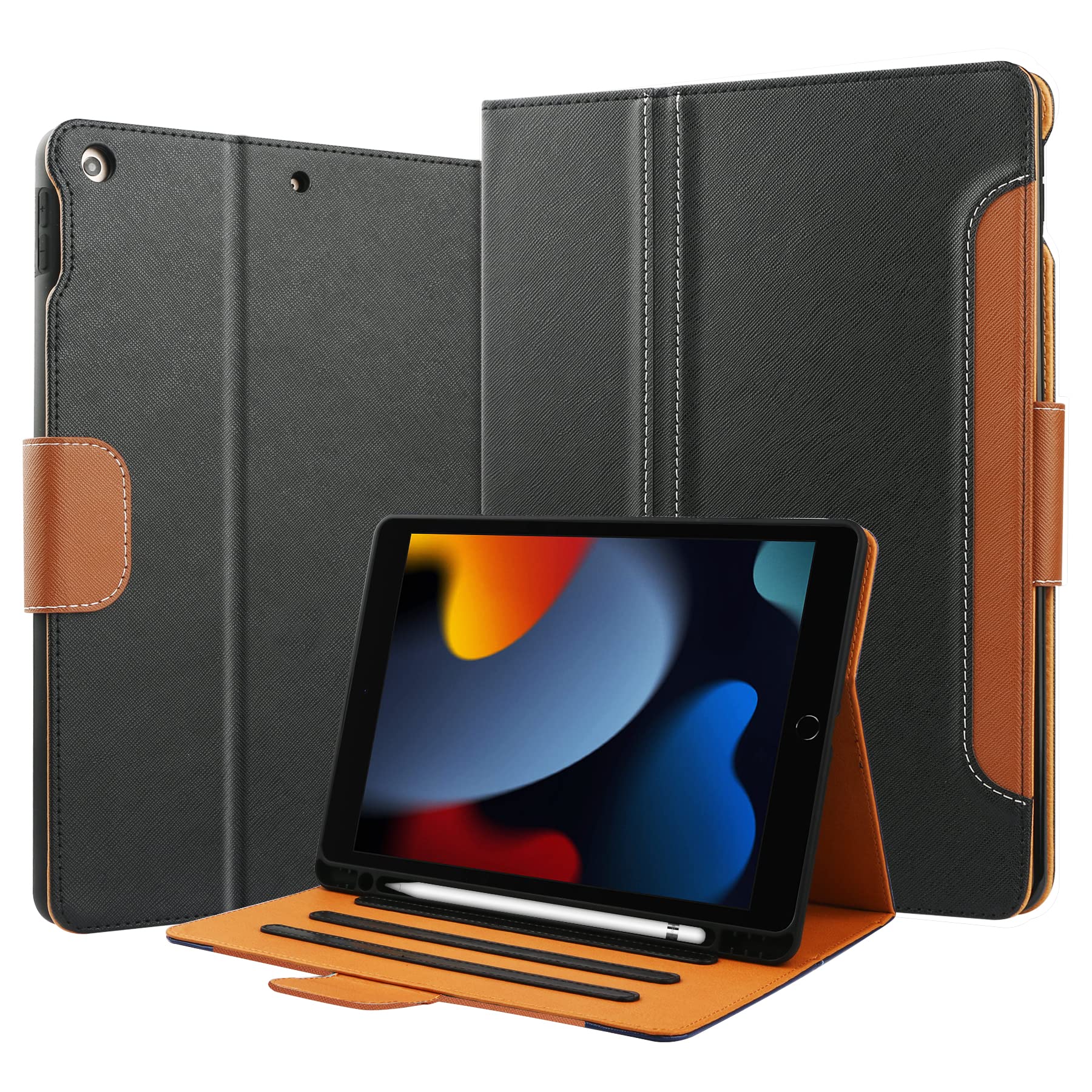 for iPad 9th/8th/7th Generation 10.2 Inch Case (2021/2020/2019) Built-in Pencil Holder, Folio Stand Protective Cover with Auto Sleep/Wake & Multiple Viewing Angles for iPad 9/8/7 Gen, Black/Brown