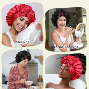 Satin Bonnet Silk Hair Bonnets for Women Curly Hair Wrap for Sleeping Cap Reversible Bonnet with Tie Band Night Cap Double Layer Sleep Cap for Curly Hair (Double-Layer Satin Bonnet (Black + Red)