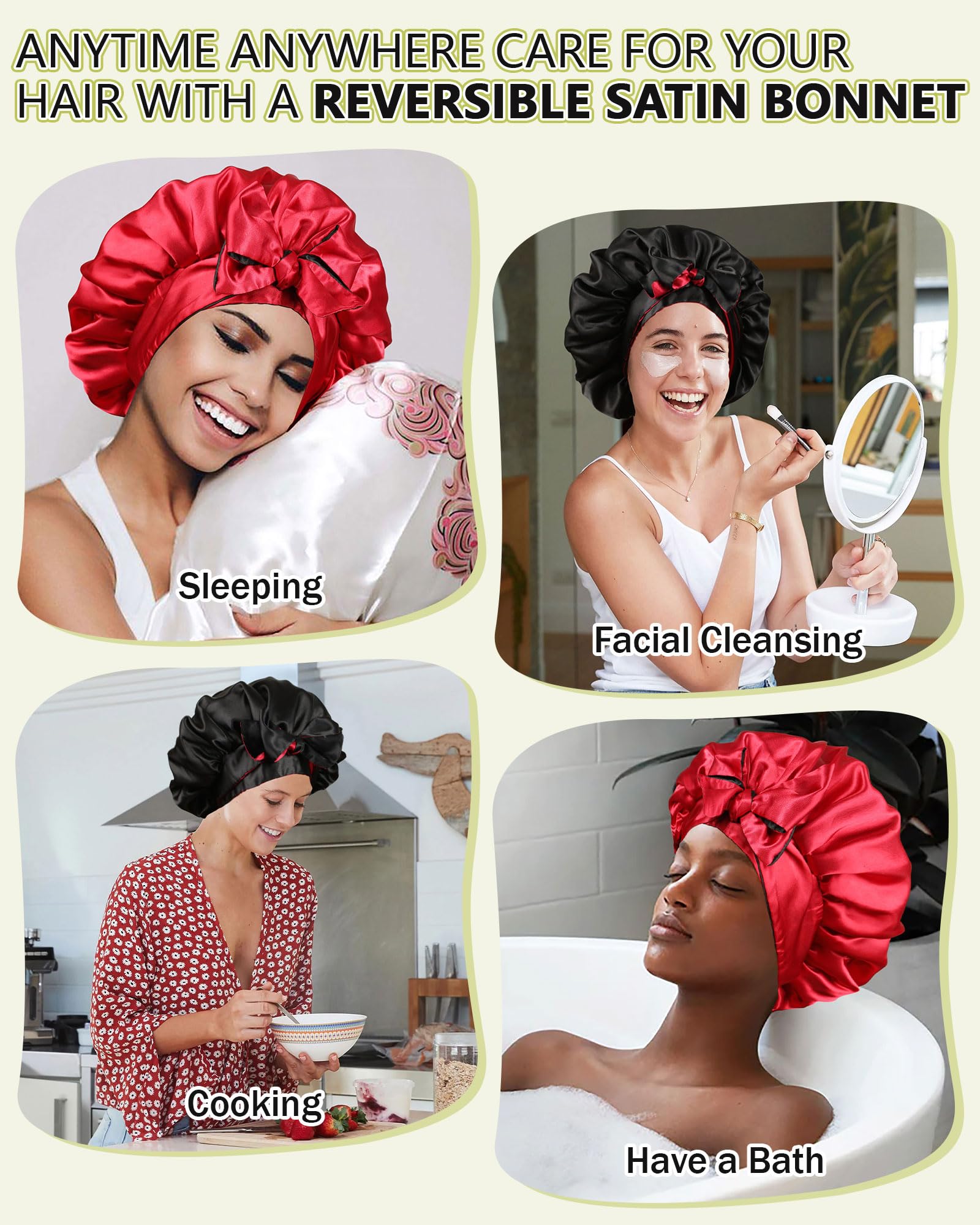 Satin Bonnet Silk Hair Bonnets for Women Curly Hair Wrap for Sleeping Cap Reversible Bonnet with Tie Band Night Cap Double Layer Sleep Cap for Curly Hair (Double-Layer Satin Bonnet (Black + Red)