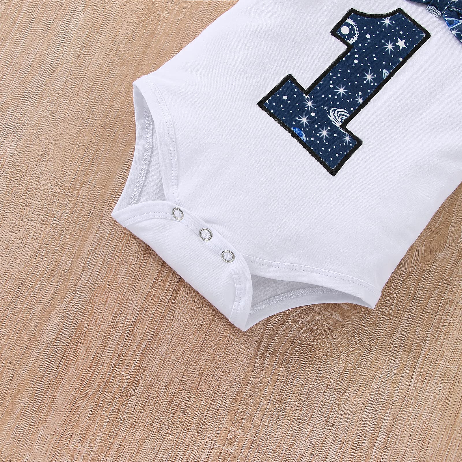 vivifayee Baby Boy One 1st Birthday Outfits Space First Birthday Boy Clothes Set Short Sleeve Bow Tie Romper Long Pants Set Suspenders