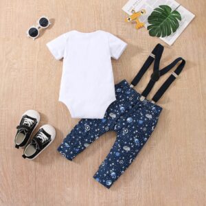 vivifayee Baby Boy One 1st Birthday Outfits Space First Birthday Boy Clothes Set Short Sleeve Bow Tie Romper Long Pants Set Suspenders