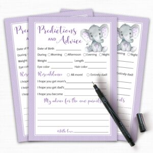 PURPLE ELEPHANT Prediction and Advice Cards - Pack of 25 - Girl Boy Baby Shower Games, New Parents, Mom & Dad to be, Mommy & Daddy Message, Couples Coed Shower Activity Keepsake Book G503-PDAV