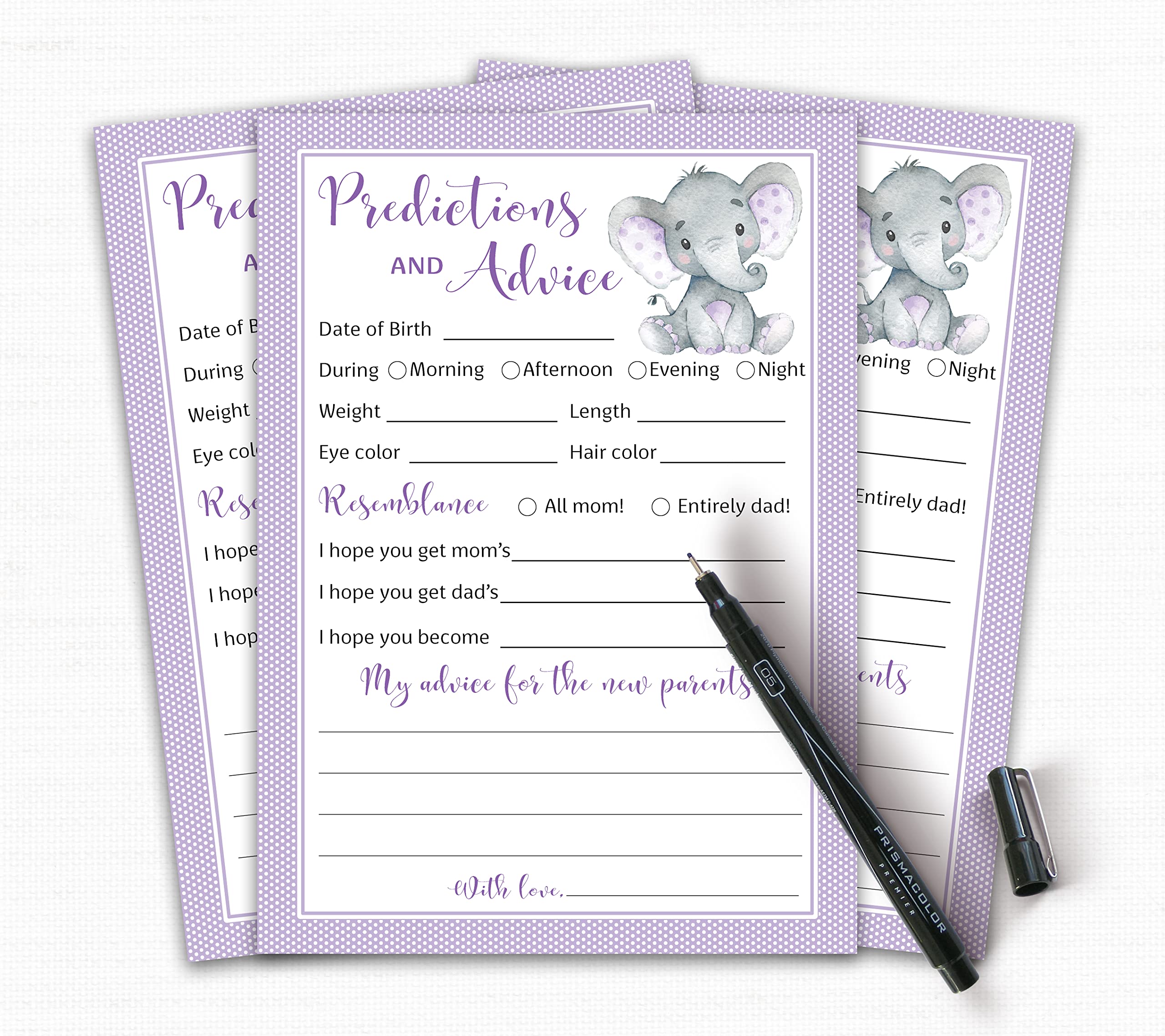 PURPLE ELEPHANT Prediction and Advice Cards - Pack of 25 - Girl Boy Baby Shower Games, New Parents, Mom & Dad to be, Mommy & Daddy Message, Couples Coed Shower Activity Keepsake Book G503-PDAV