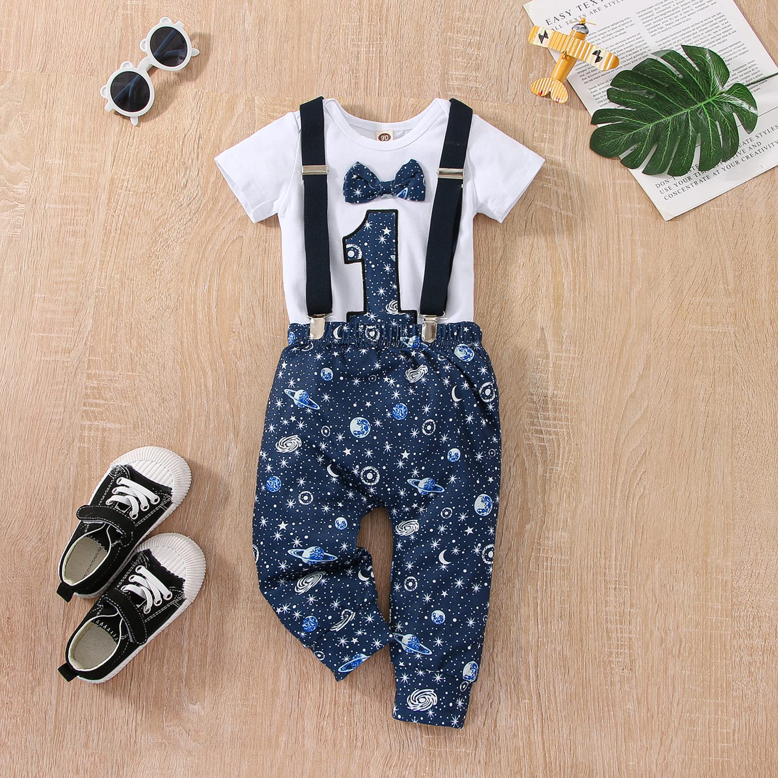 vivifayee Baby Boy One 1st Birthday Outfits Space First Birthday Boy Clothes Set Short Sleeve Bow Tie Romper Long Pants Set Suspenders