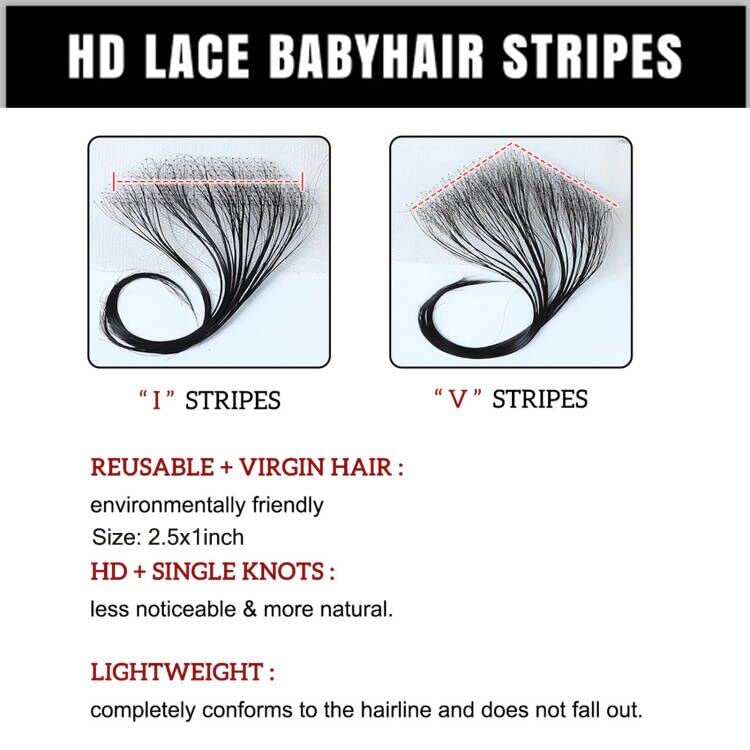 4pcs HD Lace Fluff Baby Hair Reusable Virgin Human Hair Swiss Lace Baby Hair Invisible Edge Stripes Hairline for Women Natural Black Color