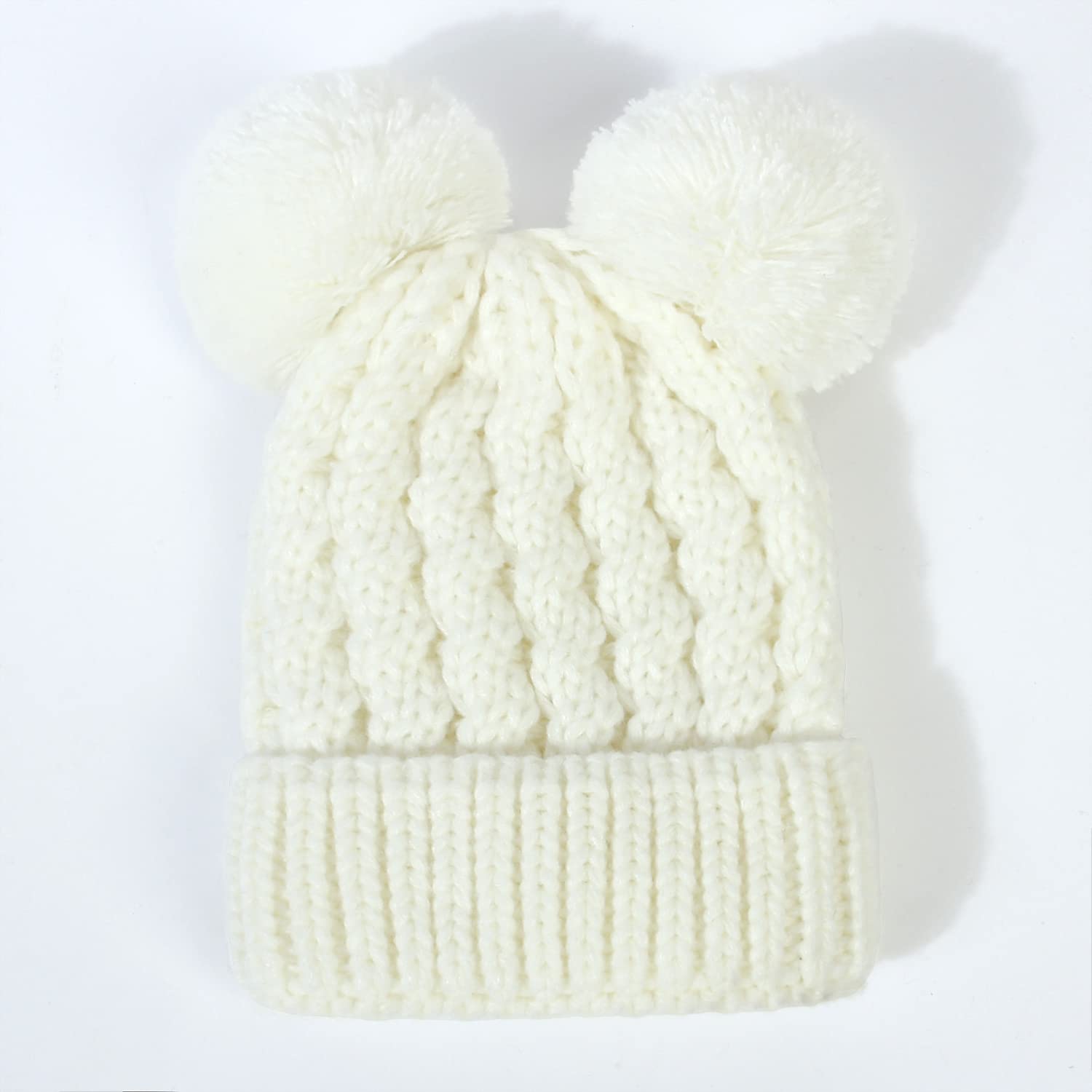 MOK Baby Beanie for Girls Cable Knit Winter Hat with Double Pom Pom Skull Hats