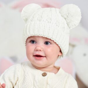 MOK Baby Beanie for Girls Cable Knit Winter Hat with Double Pom Pom Skull Hats