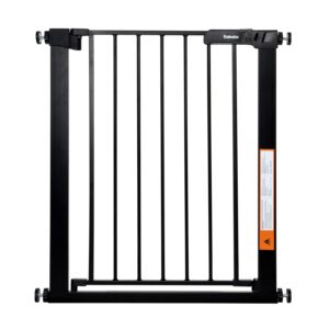 BABELIO 26-32 Inch Easy Install Narrow Pressure Mounted Metal Baby Gate, No Drilling, No Tools Required, with Wall Protectors and Extenders (Black)