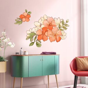 RW-6014 Romantic Orange Flowers Wall Decals Yellow Peony Rose Wall Stickers DIY Removable 3D Green Leaf Floral Blossom Plant Wall Art Decor for Kids Girls Bedroom Living Room Nursery Decoration