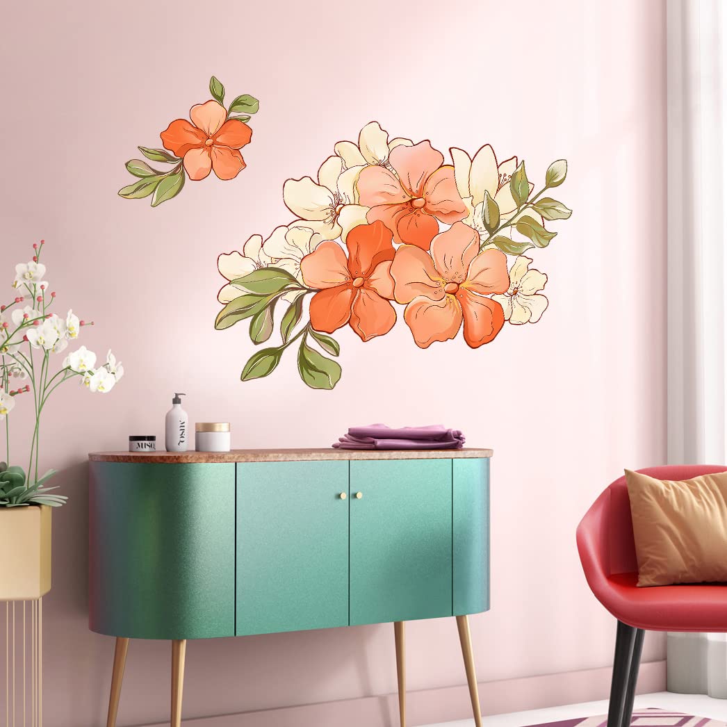 RW-6014 Romantic Orange Flowers Wall Decals Yellow Peony Rose Wall Stickers DIY Removable 3D Green Leaf Floral Blossom Plant Wall Art Decor for Kids Girls Bedroom Living Room Nursery Decoration